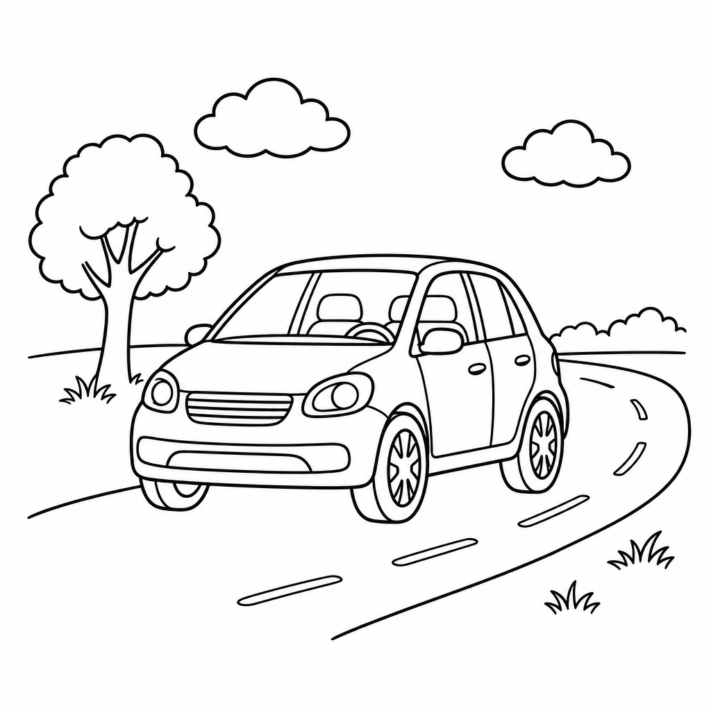 Kleines Auto auf einer kurvigen Landstraße mit Baum, Wolken und Wiese als Ausmalbild
