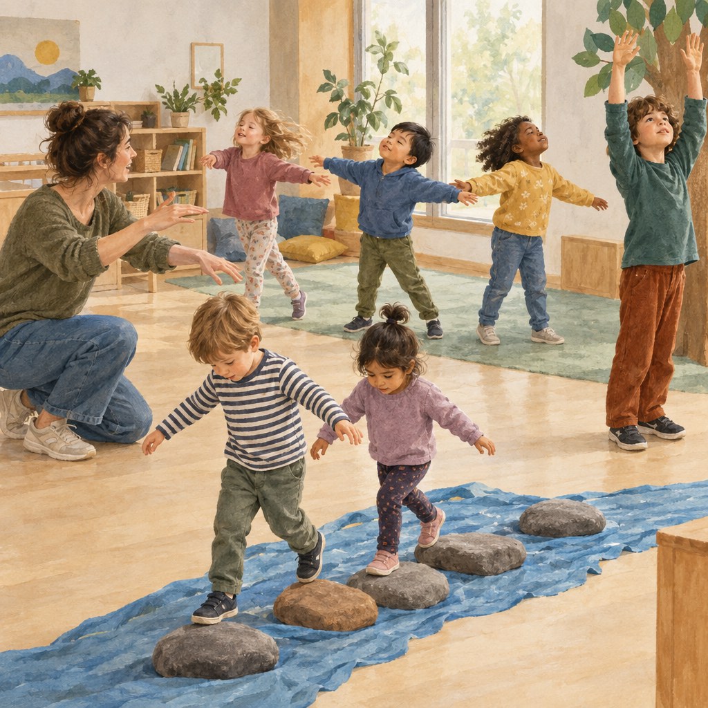 Erzieherin erzählt eine Bewegungsgeschichte, während Kinder Wind und Fluss darstellen