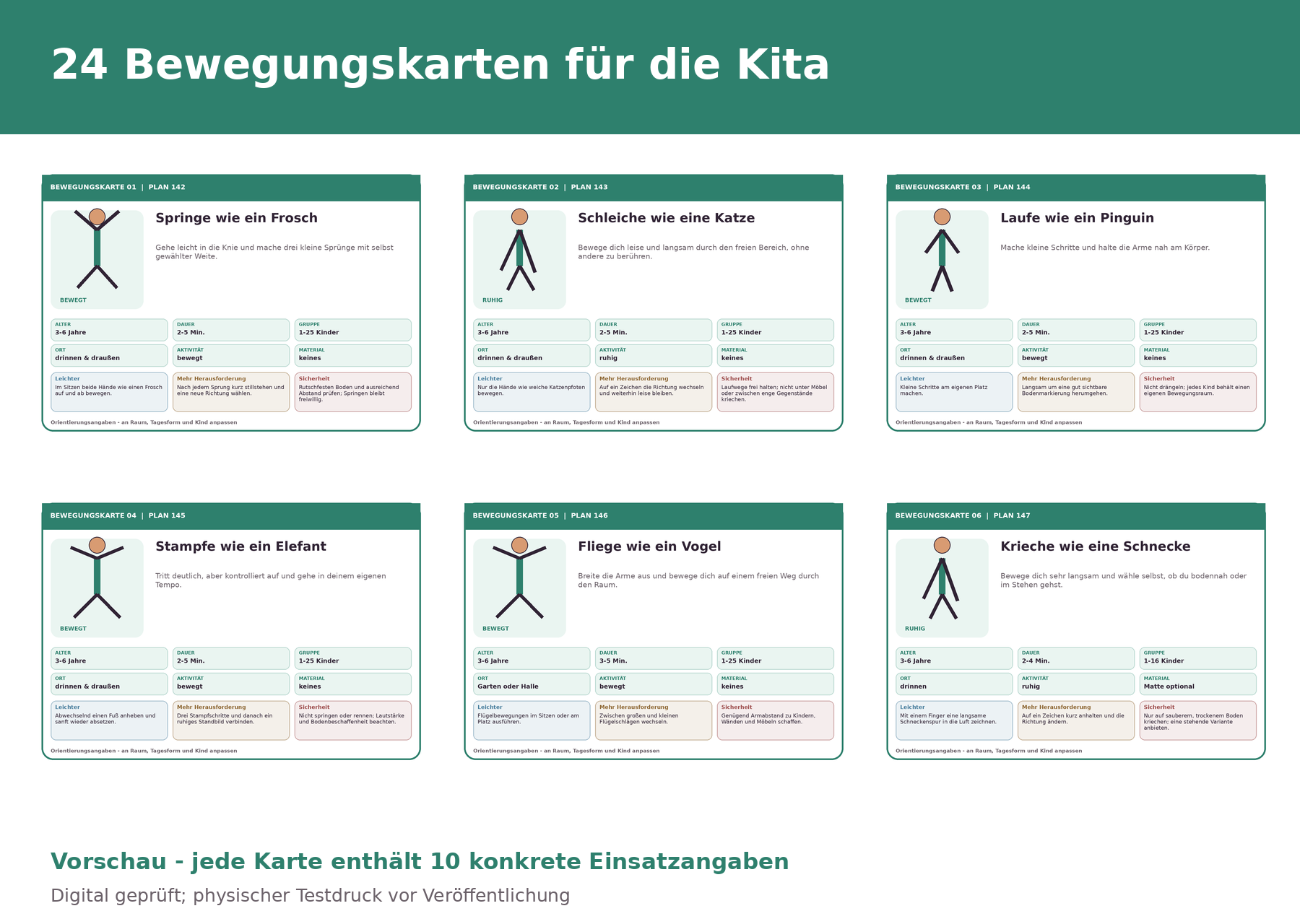 Vorschau von sechs Bewegungskarten mit Aufgaben, Altersangaben, Varianten und Sicherheitshinweisen