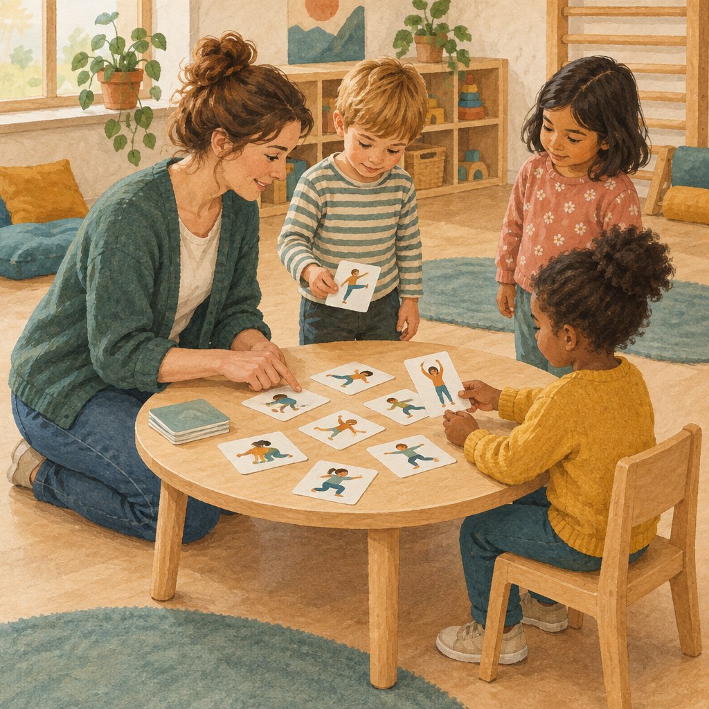 Kinder wählen unterschiedliche Bewegungskarten in einer Kita-Gruppe aus