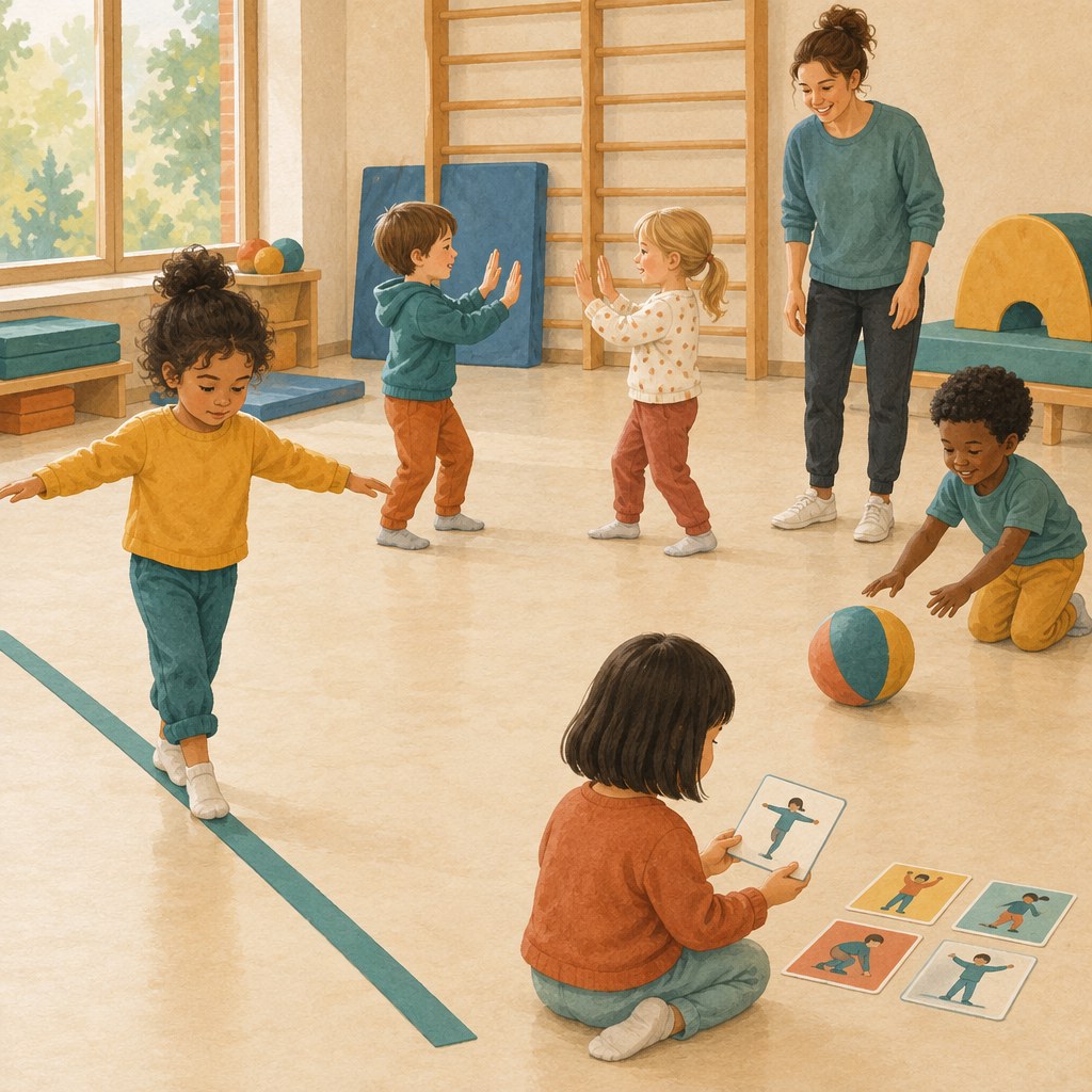 Kinder spielen sichere Bewegungsspiele mit Karten, Ball und Balanceweg in der Kita