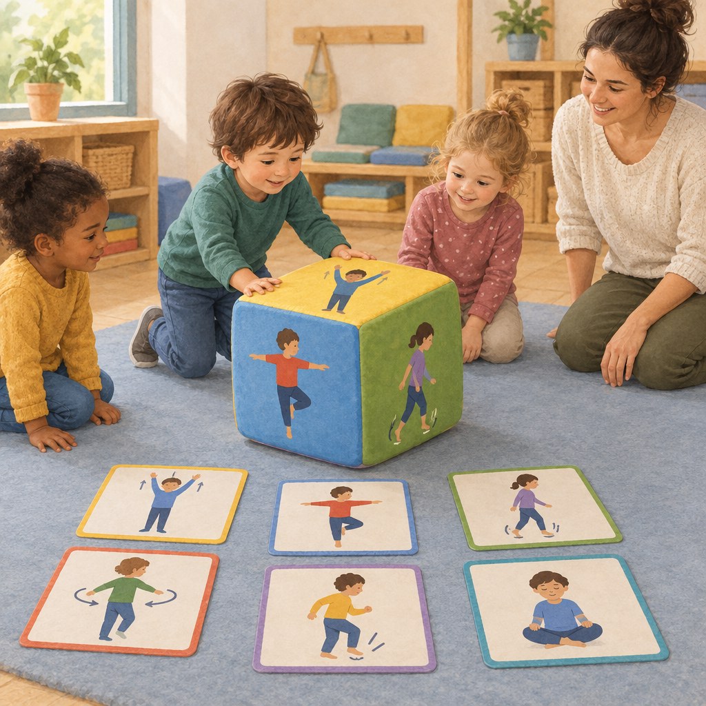 Großer Bewegungswürfel mit sechs einfachen Bewegungssymbolen für die Kita