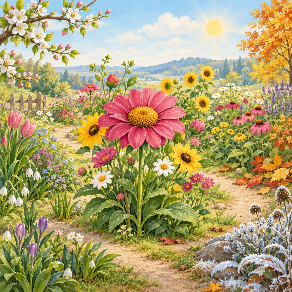 Bunte Blumenwiese mit Jahreszeiten-Symbolen für die Blumengruppe in der Kita