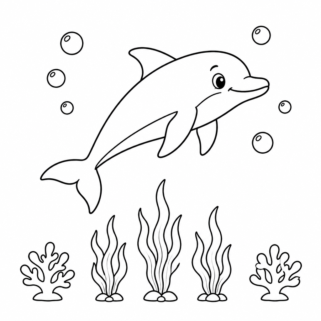 Delfin unter Wasser als kostenloses Delfin-Ausmalbild für Kinder