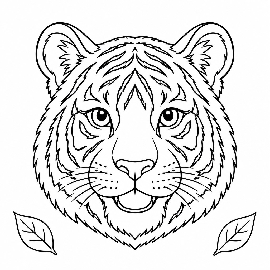 Detaillierter Tigerkopf mit feinen Streifen als kostenloses Ausmalbild für Kinder