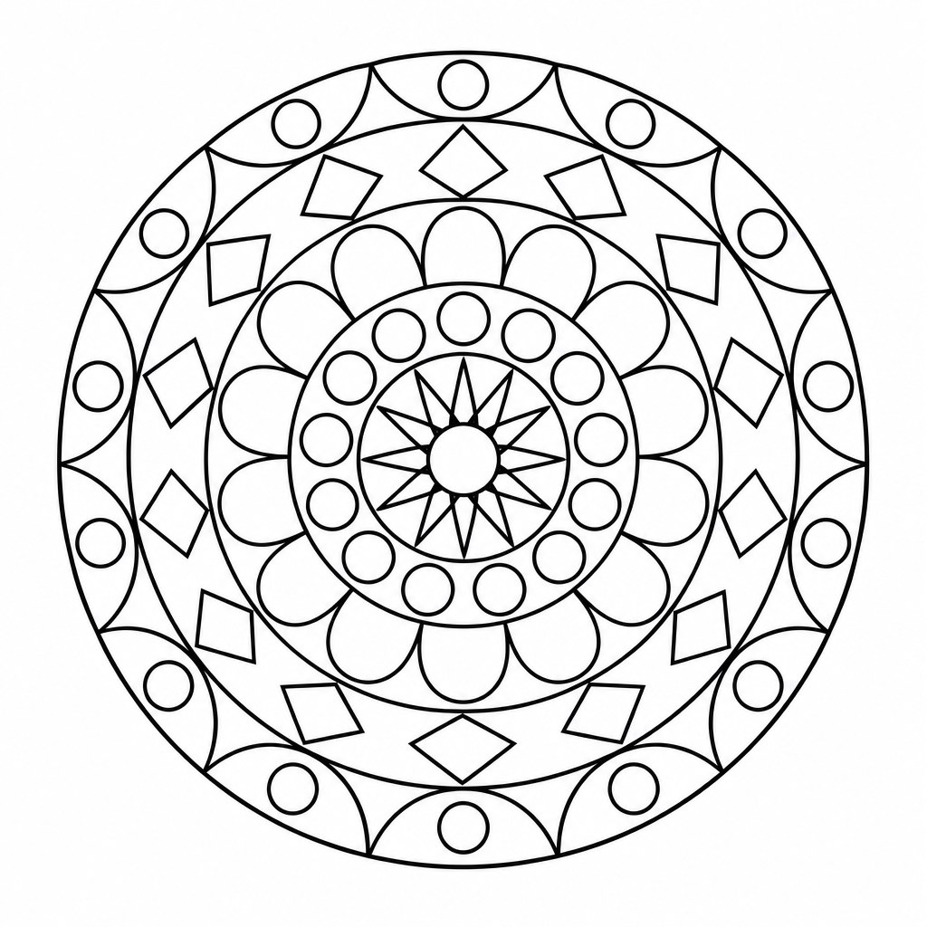 Detailliertes geometrisches Mandala mit konzentrischen Ringen, Rauten und Dreiecken als kostenloses Ausmalbild