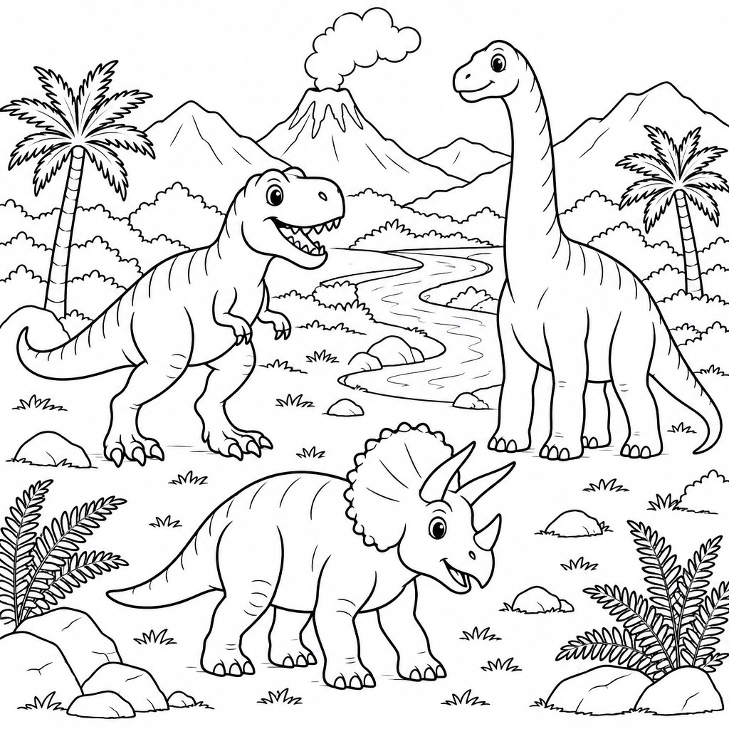 Dinosaurierlandschaft mit T-Rex, Triceratops, Langhals, Vulkan und Pflanzen als kostenloses Ausmalbild