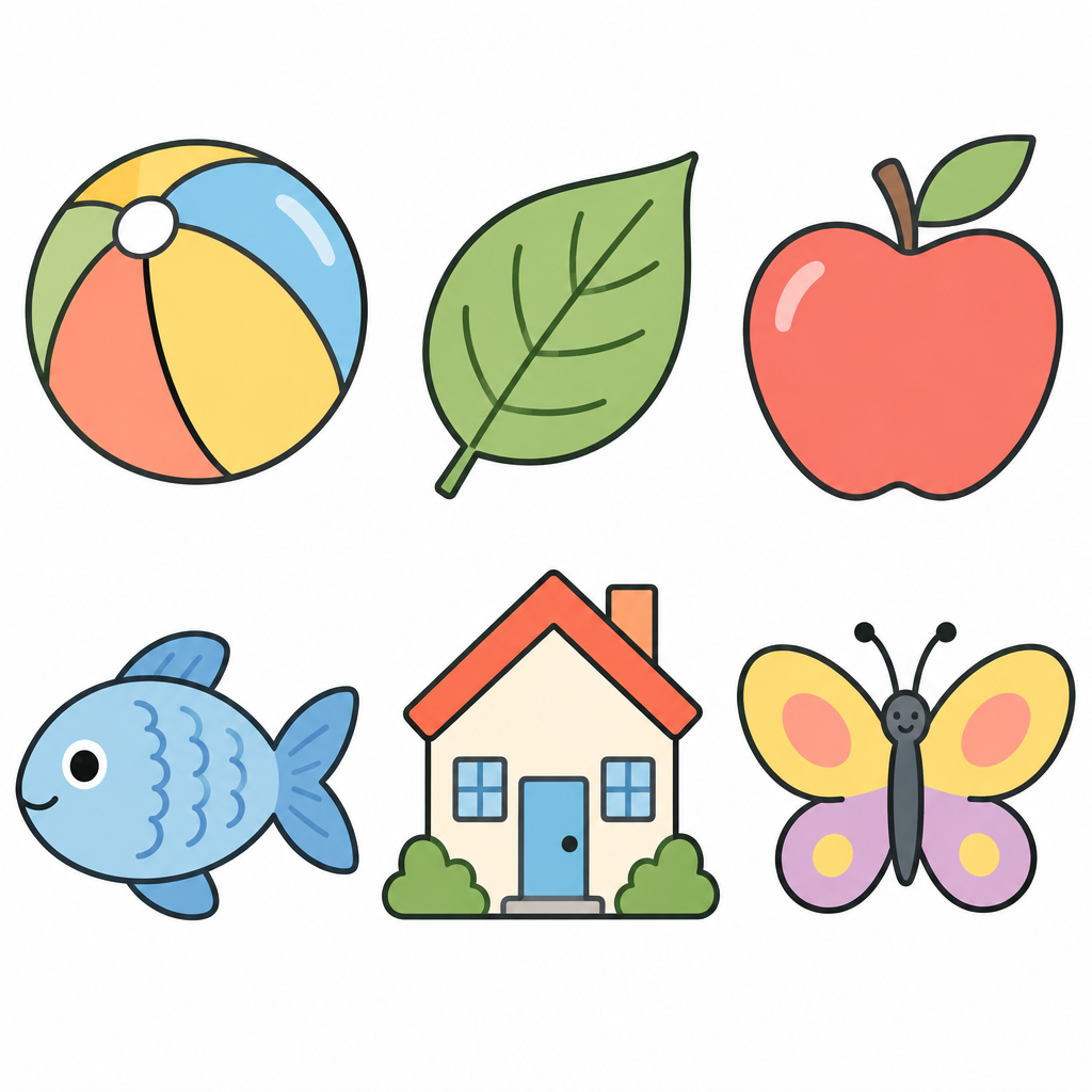 Einfache klare Motive für Kinder mit Ball, Blatt, Apfel, Fisch, Haus und Schmetterling