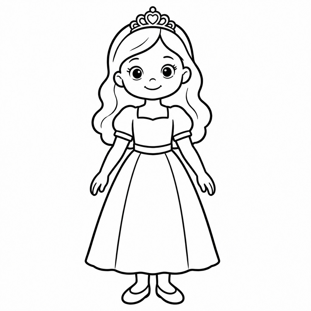 Einfache Prinzessin mit Krone und großflächigem Kleid als kostenloses Ausmalbild für Kinder
