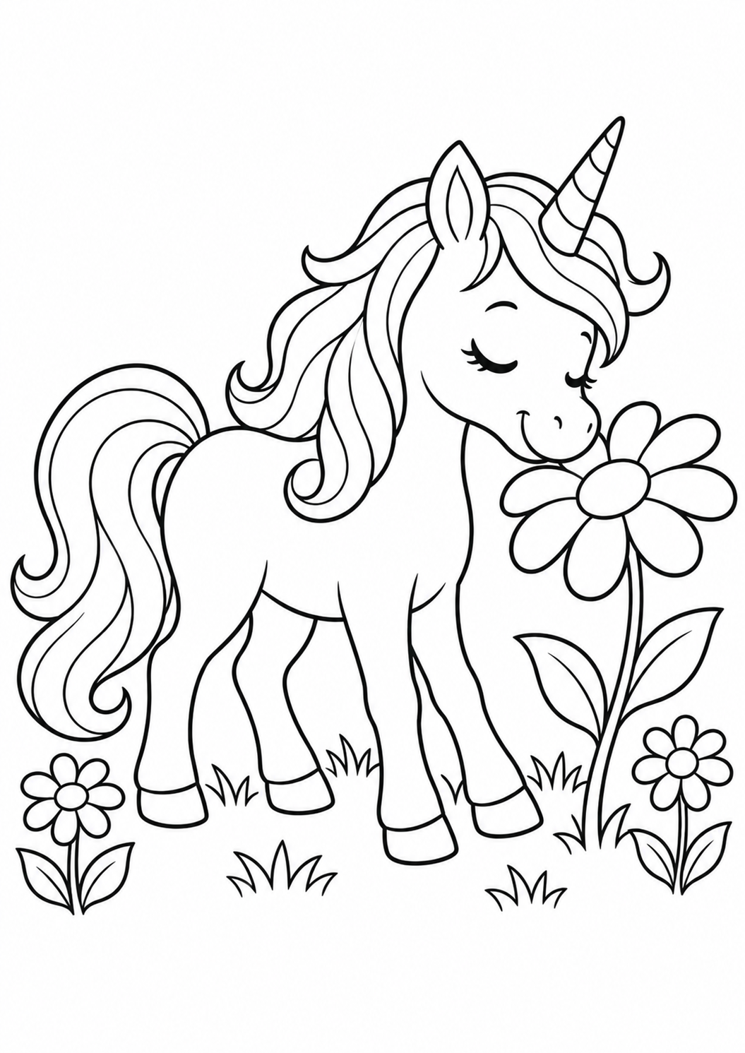 Einhorn mit Gänseblümchen – Ausmalbild
