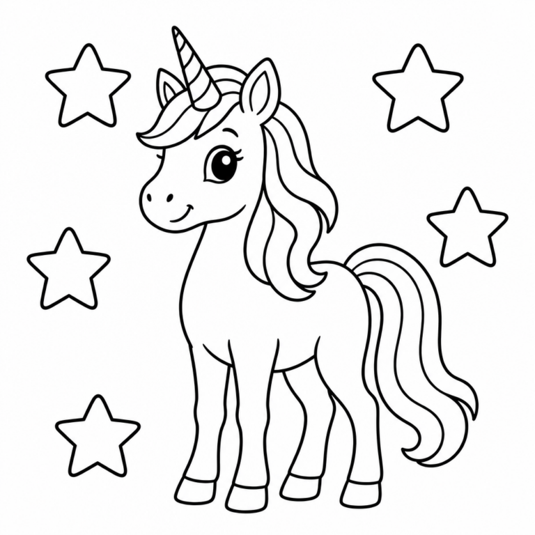 Einhorn mit Sternen – Ausmalbild