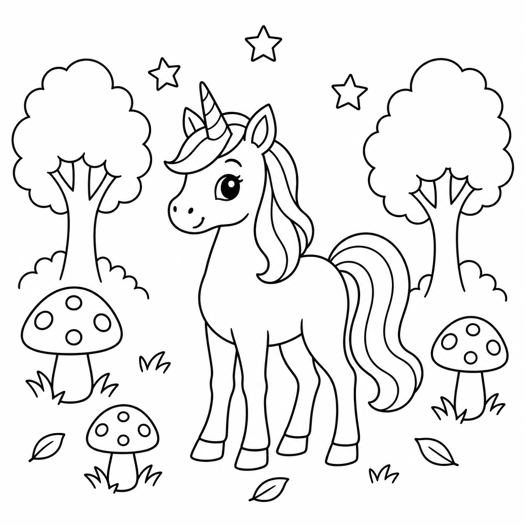 Einhorn im Zauberwald – Ausmalbild