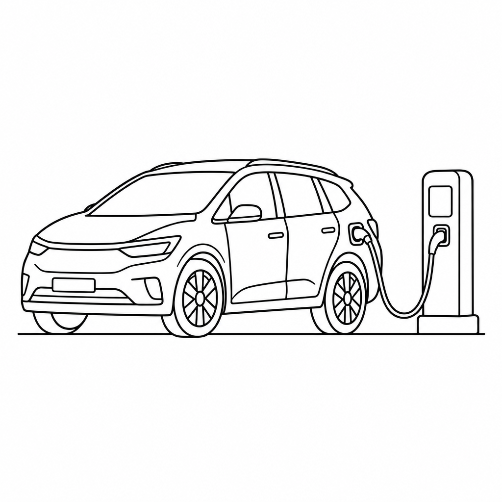 Elektroauto an der Ladestation – Ausmalbild