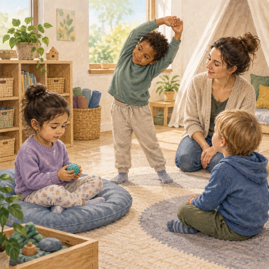 Kinder wählen im Kindergarten zwischen ruhigem Sitzen, Strecken und Beobachten