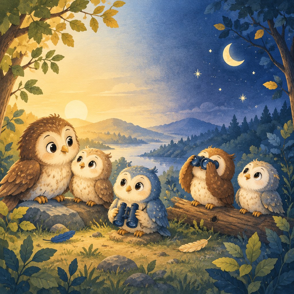 Freundliche Eulengruppe in einem Wald zwischen Tag und Nacht