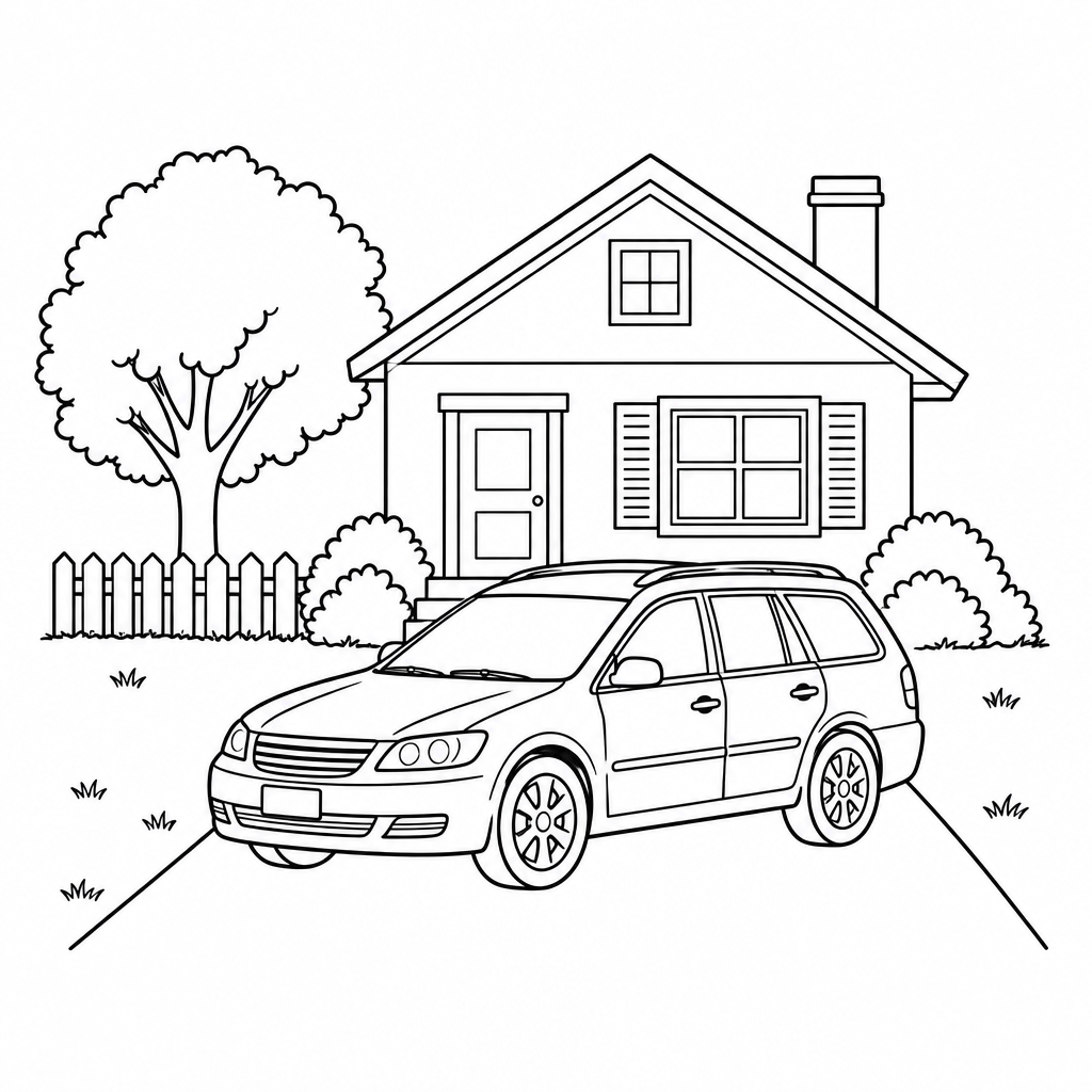 Familienauto vor einem Haus mit Garage als Ausmalbild