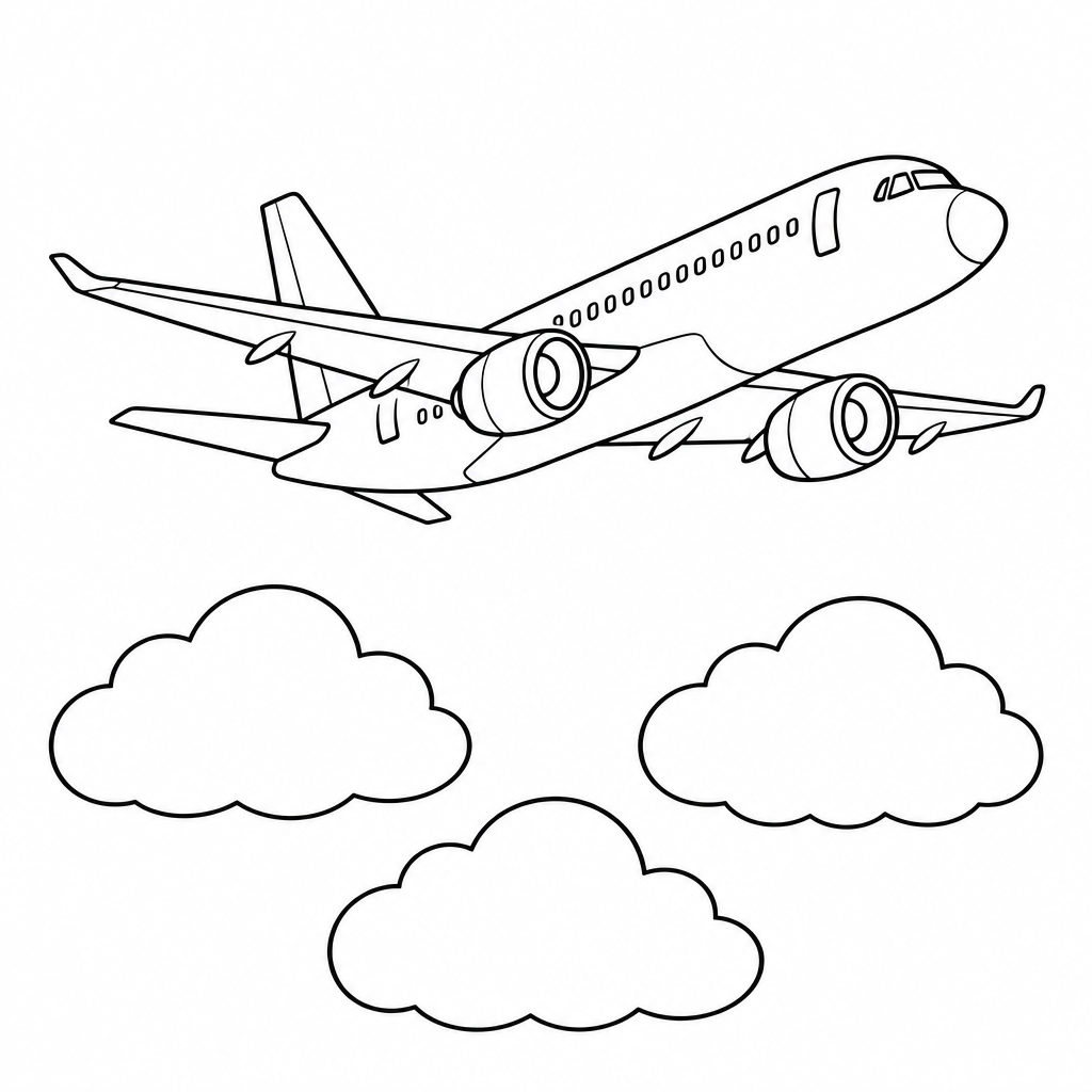 Flugzeug über den Wolken als kostenloses Flugzeug-Ausmalbild für Kinder