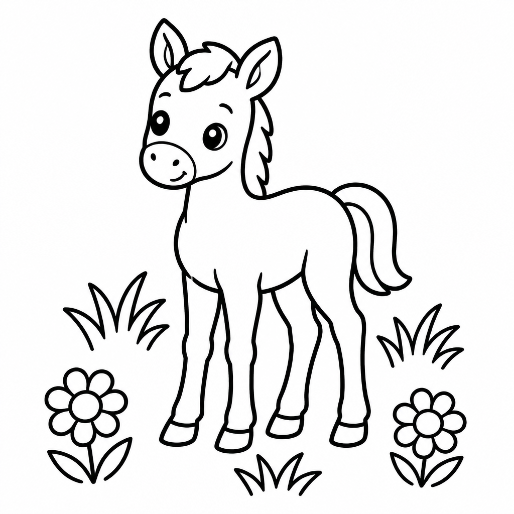 Freundliches Fohlen auf einer Wiese mit Gras und Blumen als kostenloses Ausmalbild