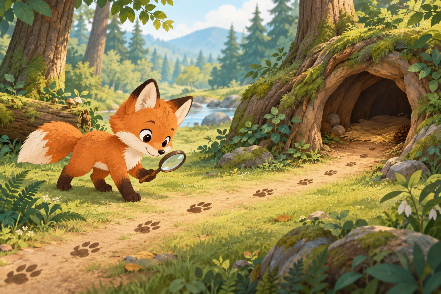 Freundlicher Fuchs folgt Waldspuren zu einem ruhigen Fuchsbau für die Fuchsgruppe