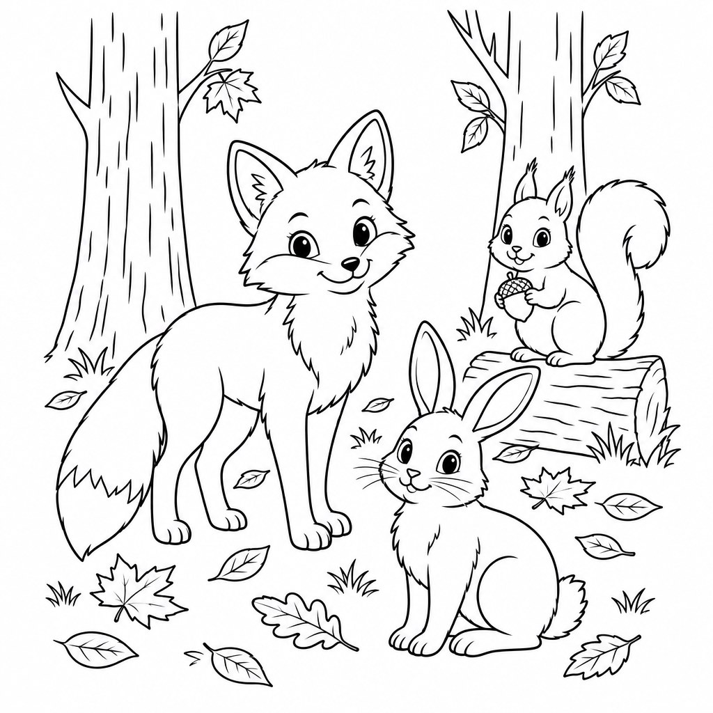 Herbstwald mit Tieren als kostenloses Herbst-Ausmalbild für Kinder