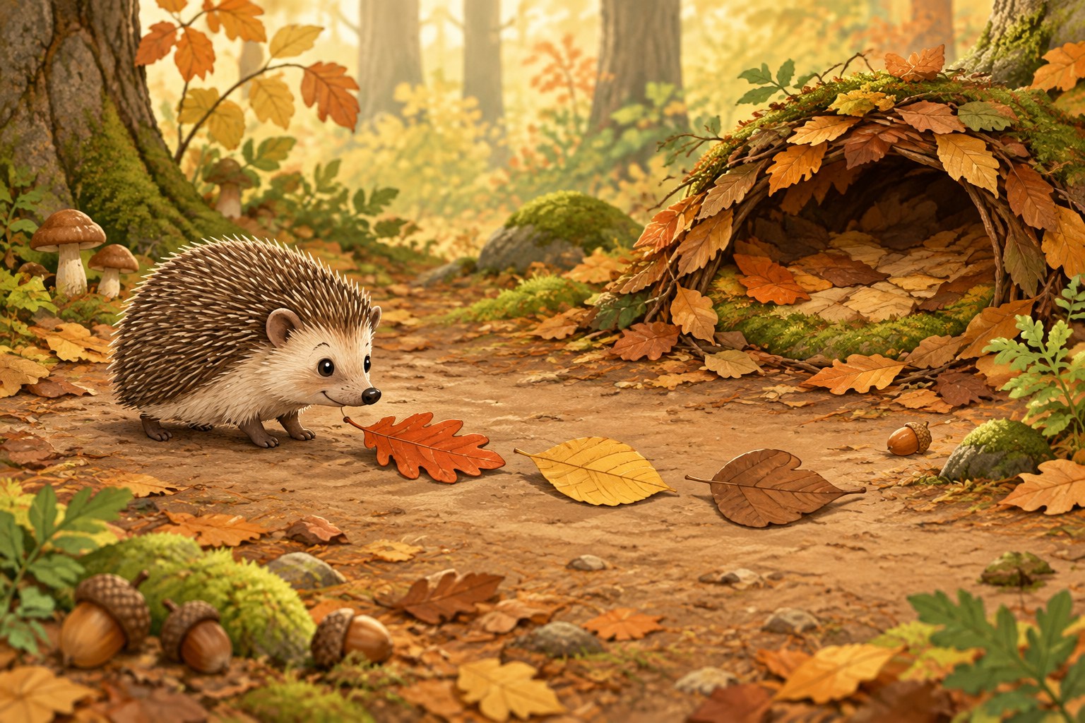 Freundlicher Igel folgt Herbstblättern zu einem ruhigen Blätternest für die Igelgruppe