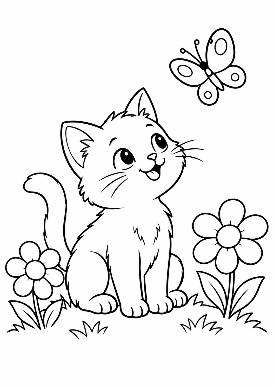 Katze mit Schmetterling – kostenloses Ausmalbild