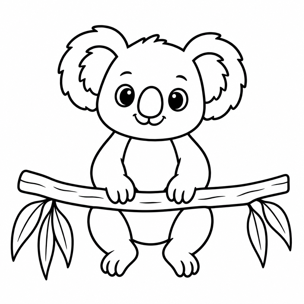 Koala auf einem Ast als kostenloses Koala-Ausmalbild für Kinder