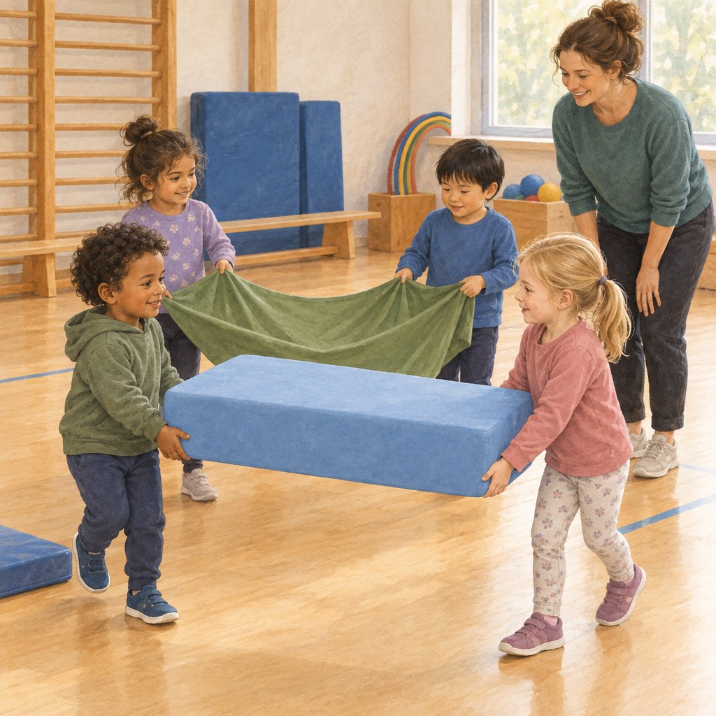 Zwei Kinder transportieren gemeinsam einen leichten Gegenstand im Kindergarten