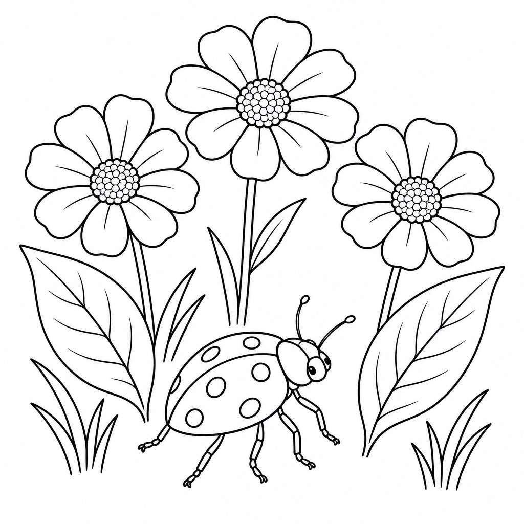 Marienkäfer im Garten als detailliertes kostenloses Ausmalbild