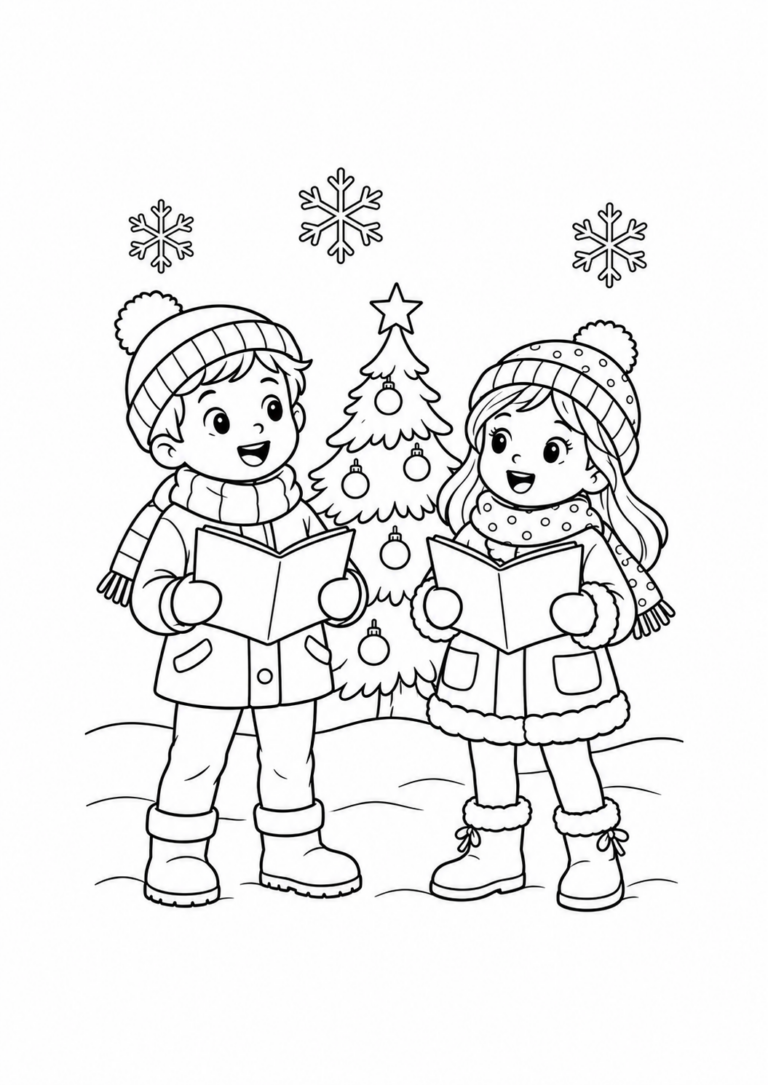 Kinder singen Weihnachtslieder Ausmalbild