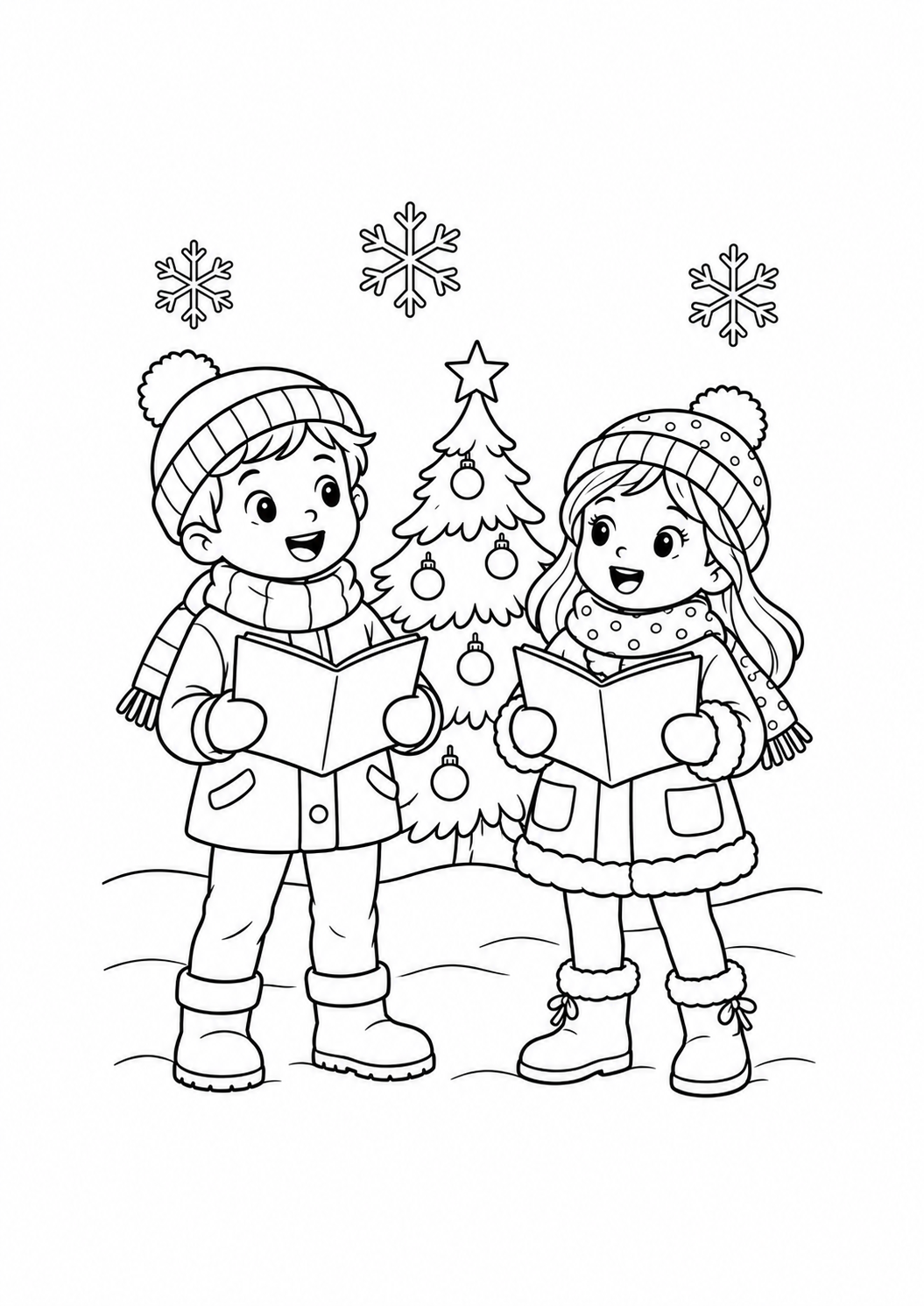 Kinder singen Weihnachtslieder – Ausmalbild