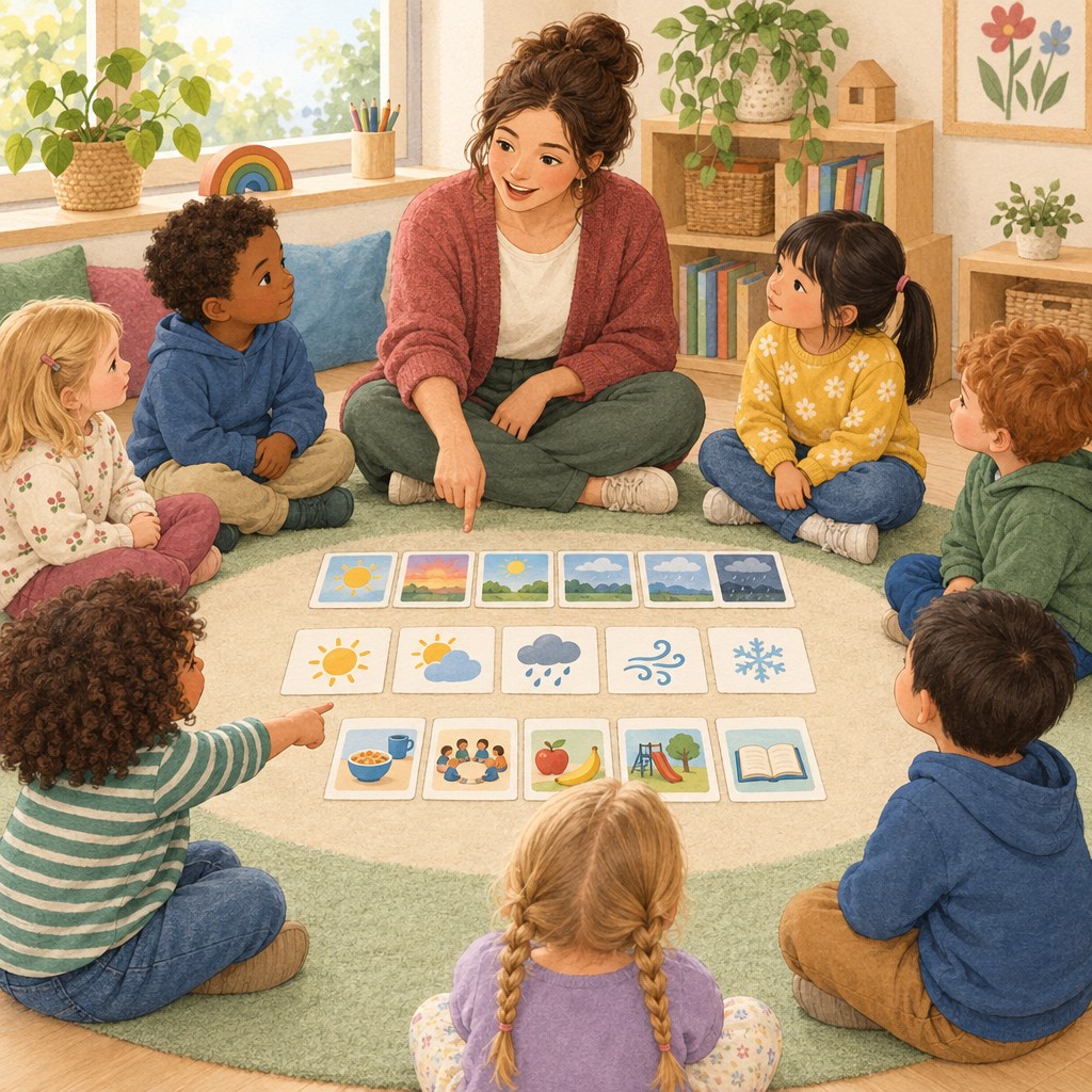 Erzieherin und Kinder im Morgenkreis mit Bildkarten für Wetter und Tagesablauf