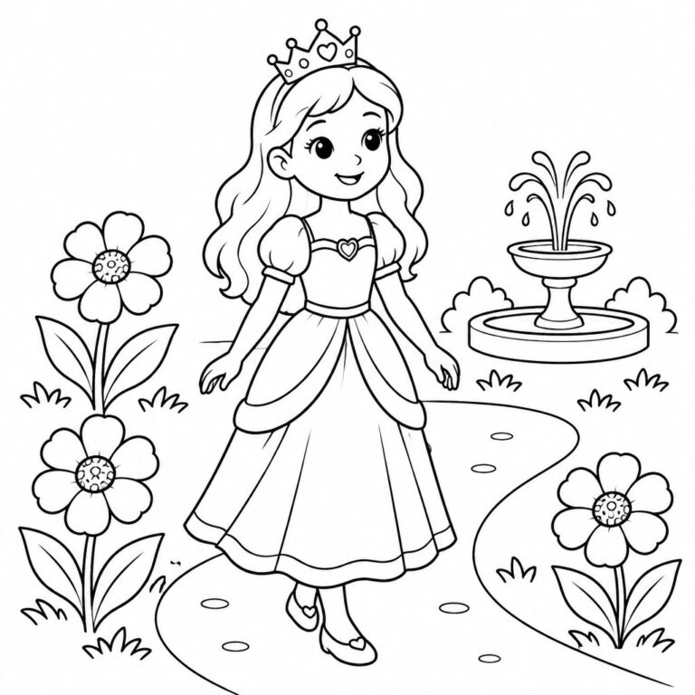 Prinzessin im Schlossgarten – Ausmalbild