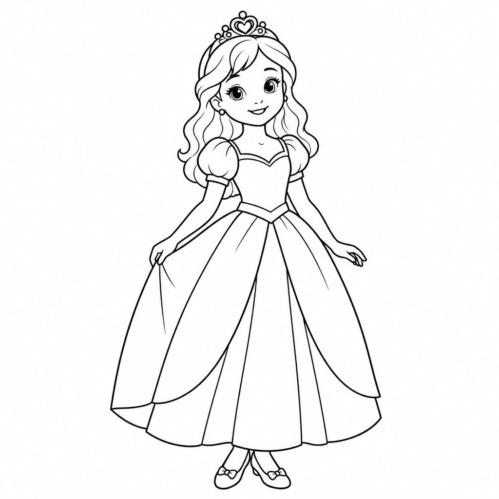Prinzessin mit Krone und weitem Ballkleid als kostenlose Ausmalvorlage für Kinder