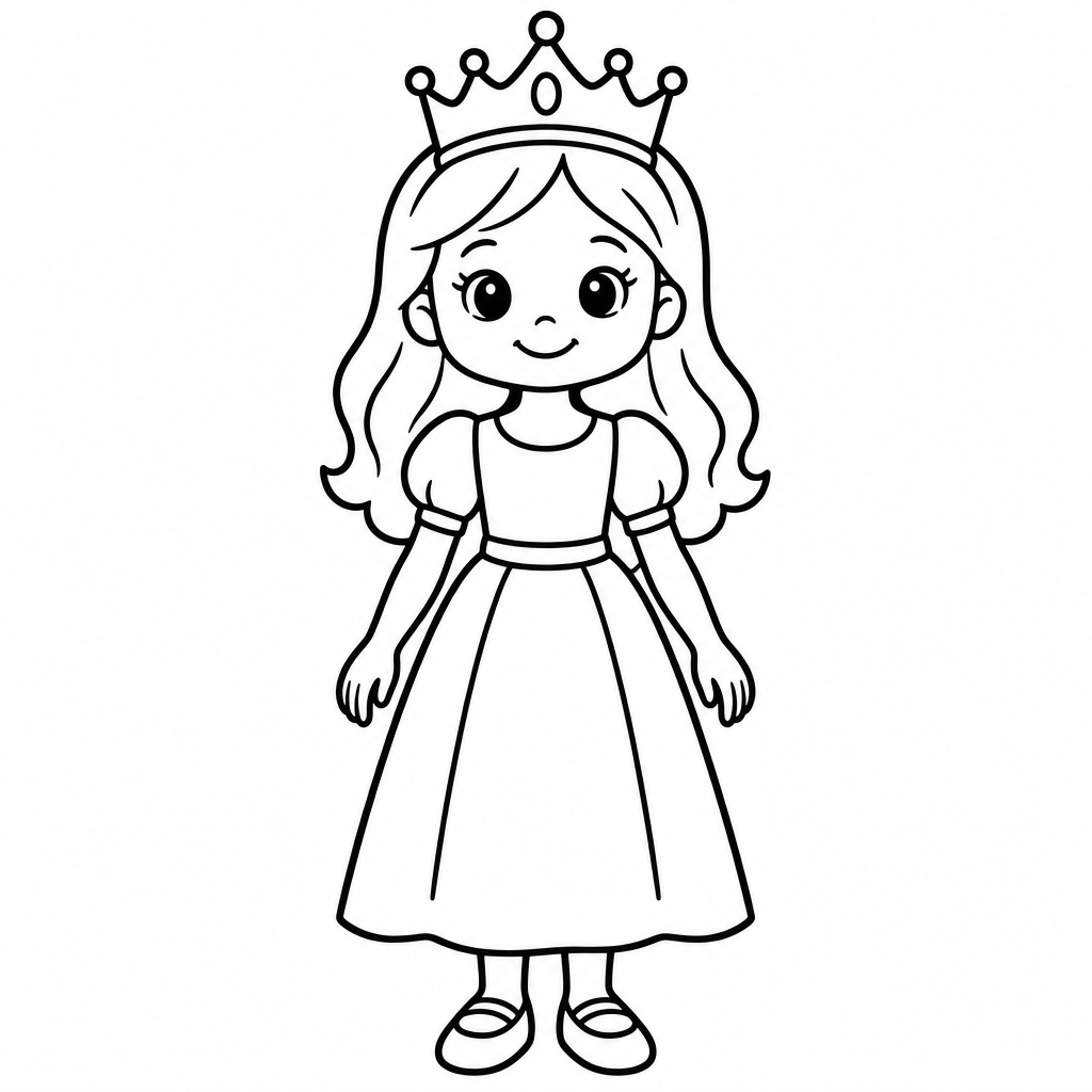 Prinzessin mit Krone und großflächigem Kleid als kostenloses Ausmalbild für Kinder