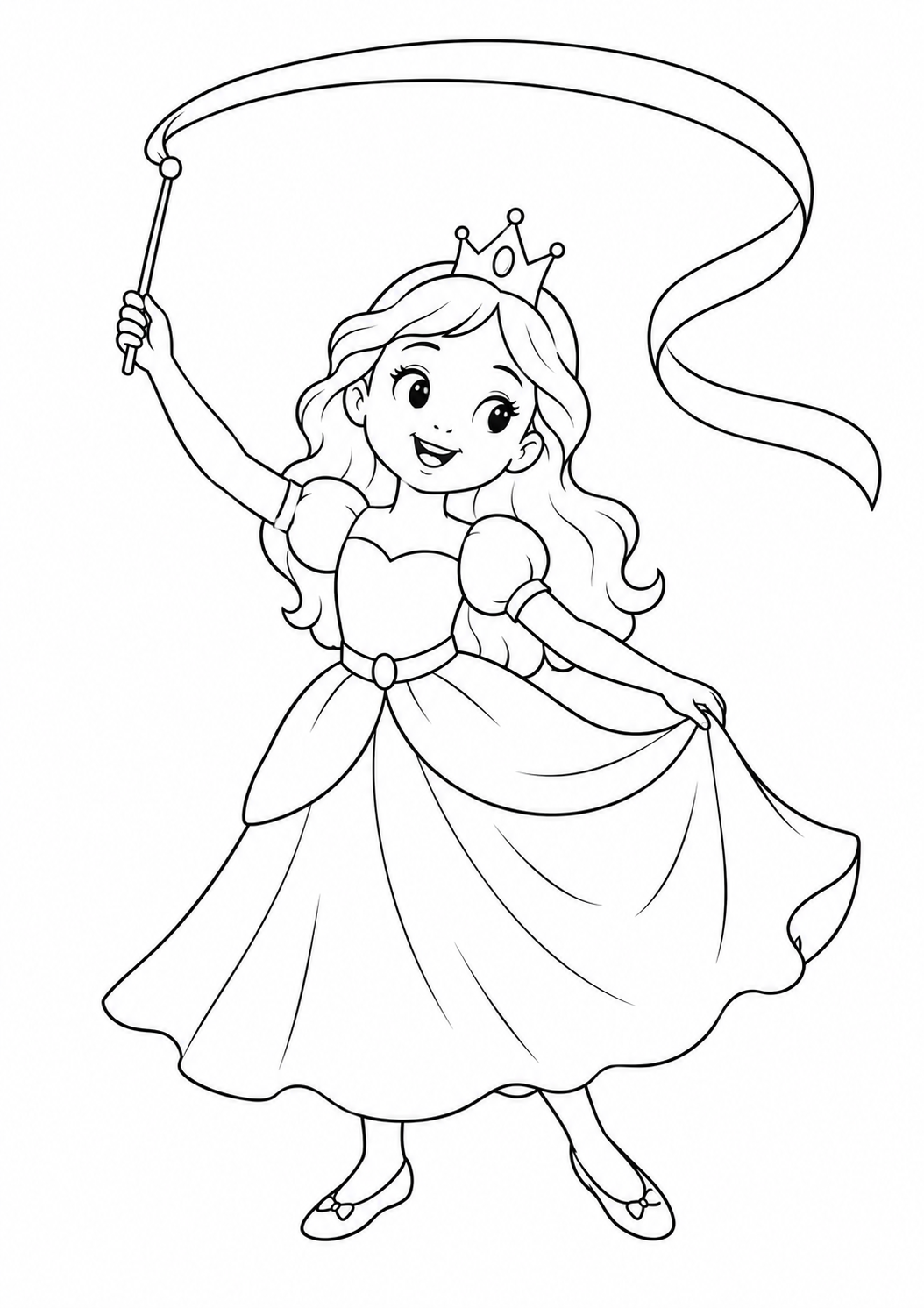 Prinzessin tanzt mit einem Band – Ausmalbild