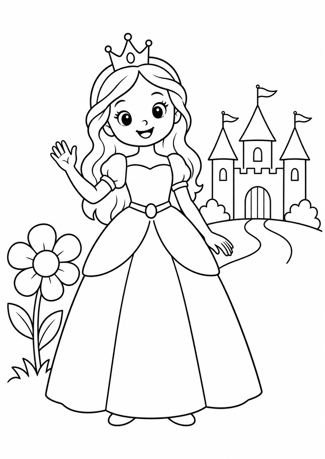 Prinzessin vor dem Schloss – kostenloses Ausmalbild für Kinder
