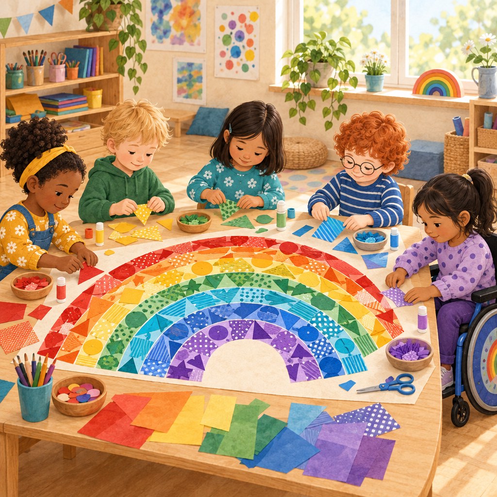 Kinder gestalten gemeinsam einen Regenbogen aus Farben, Formen und Mustern