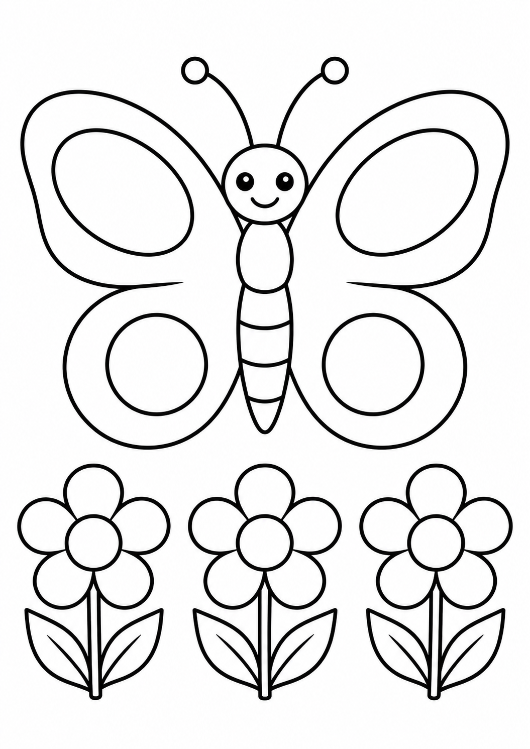 Schmetterling über Blumen – kostenloses Ausmalbild für Kinder