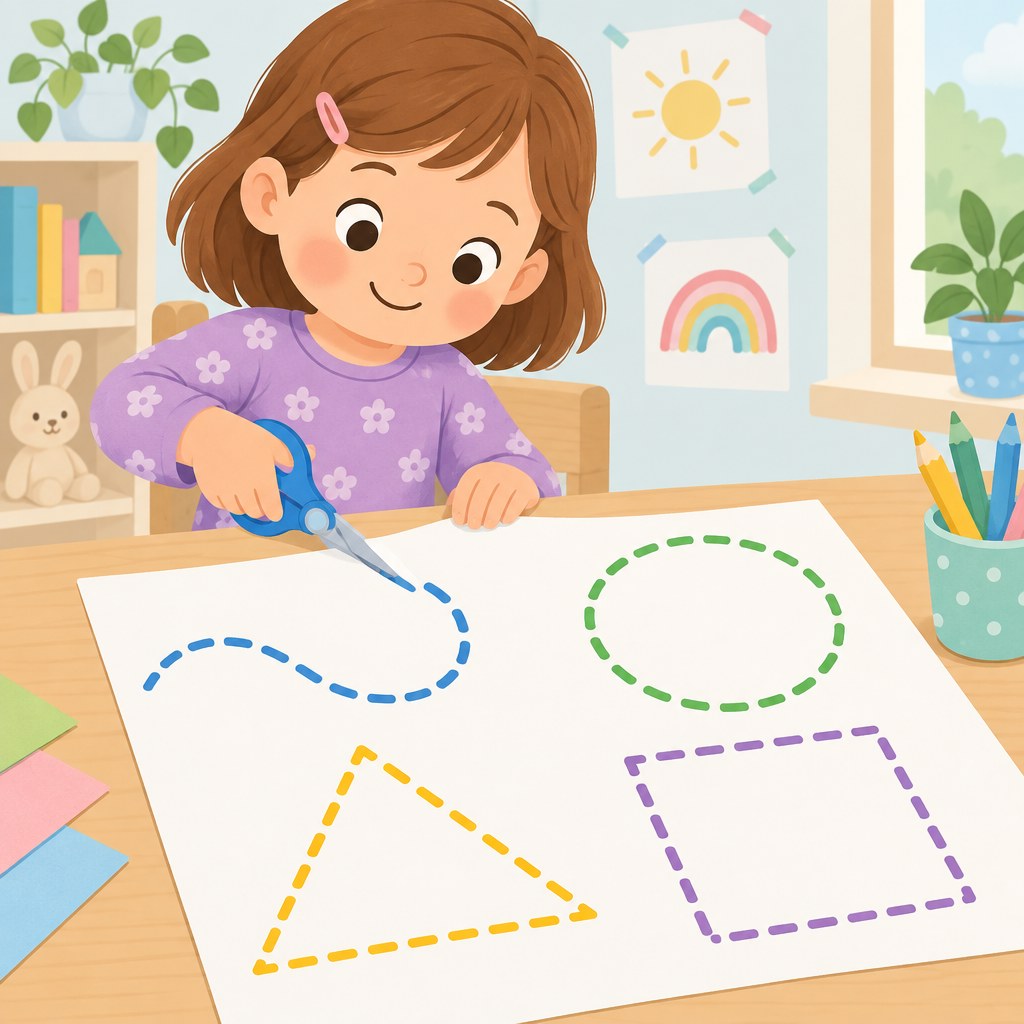 Schneiden lernen mit Kinderschere und einfachen Übungslinien
