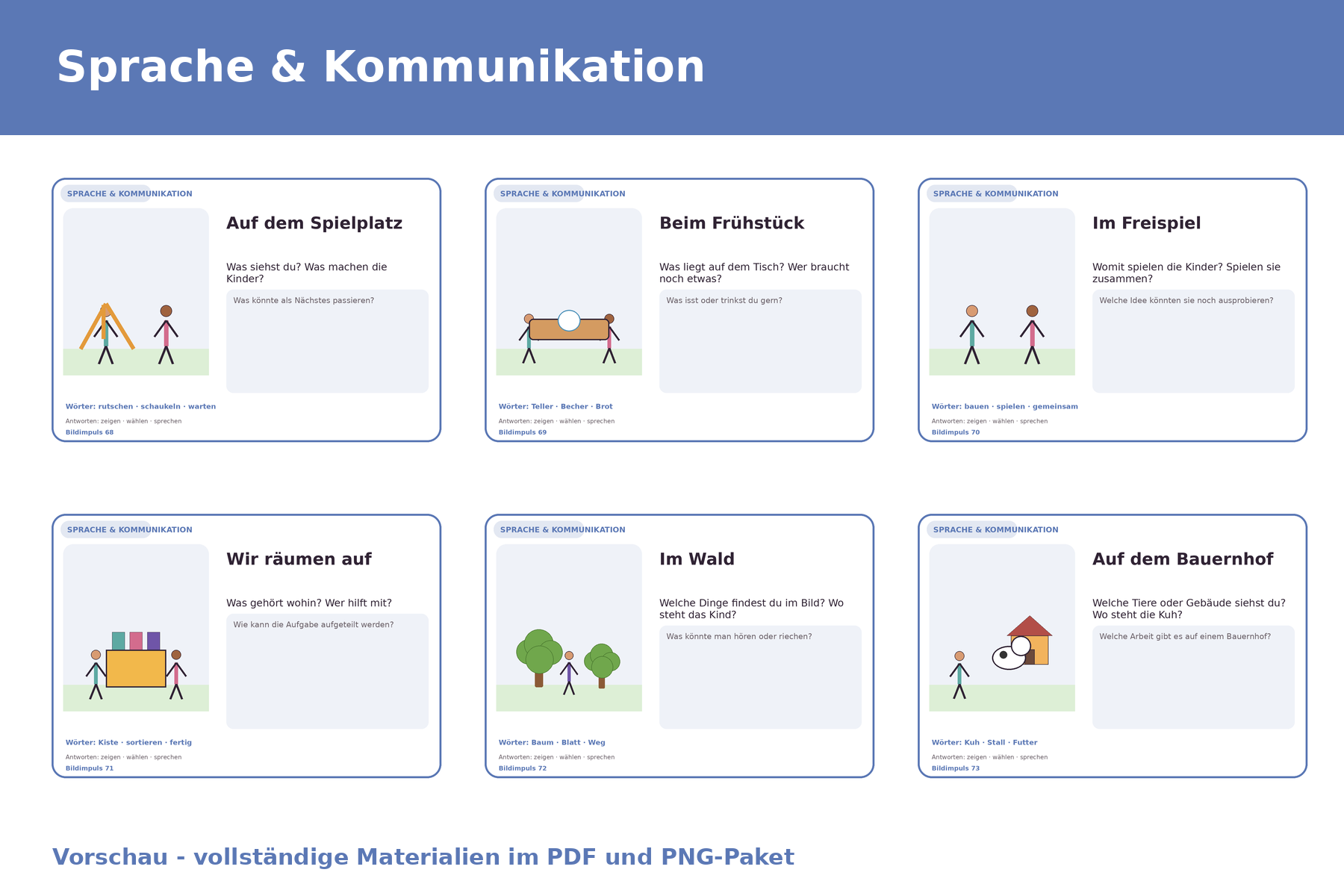 Sechs Bildimpulse aus dem Druckpaket: Spielplatz, Frühstück, Freispiel, Aufräumen, Wald und Bauernhof