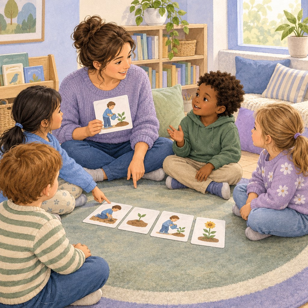 Erzieherin und Kinder nutzen Bildkarten zum Erzählen, Zeigen und Zuhören