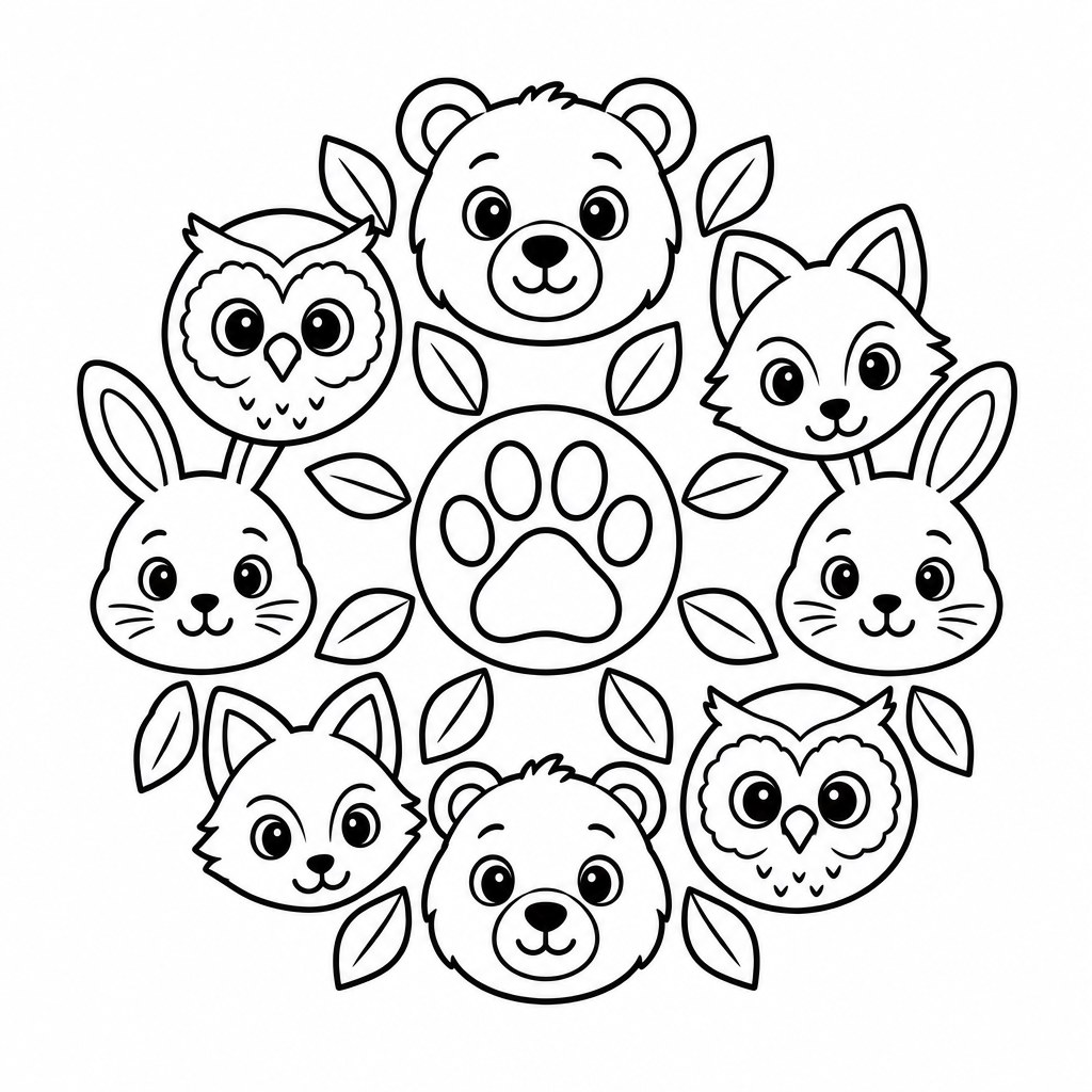 Rundes Tiermandala mit Eulen, Füchsen, Bären, Kaninchen und Blättern als kostenloses Ausmalbild