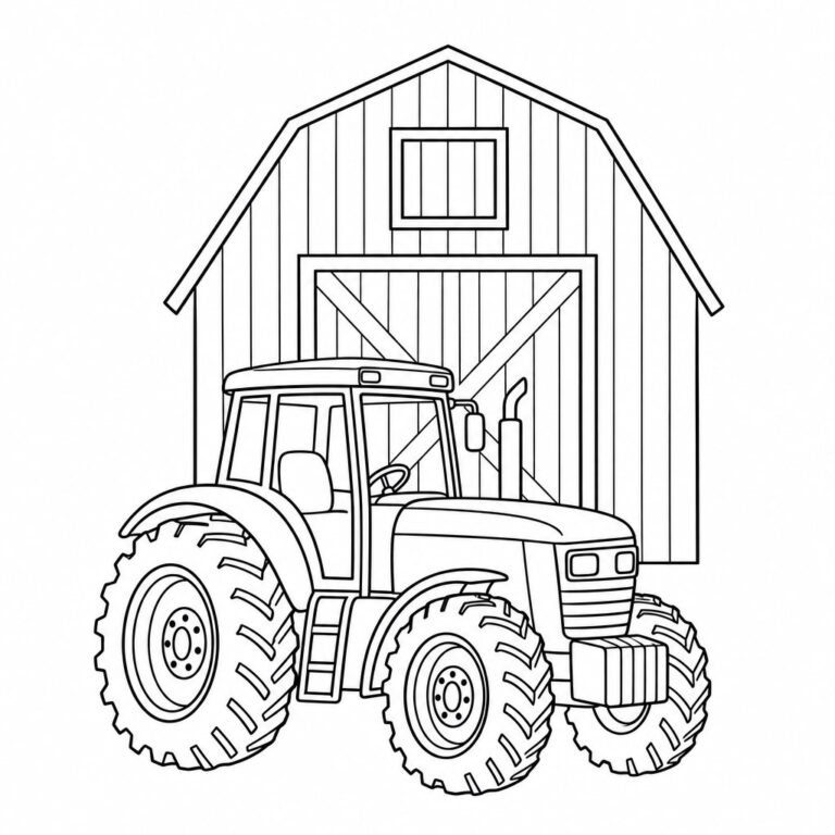 Traktor vor der Scheune – Ausmalbild