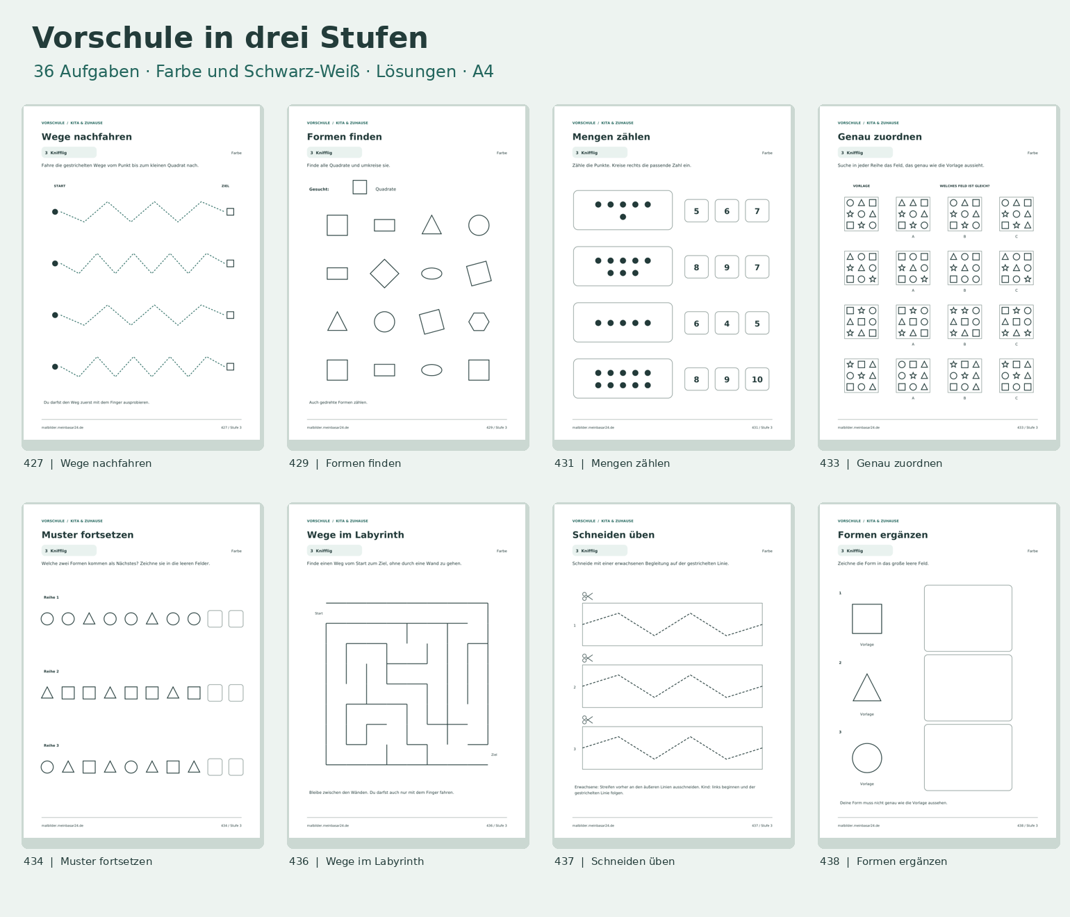 Vorschau auf acht Seiten mit Vorschulaufgaben zu Linien, Formen, Mengen, Mustern und Labyrinthen