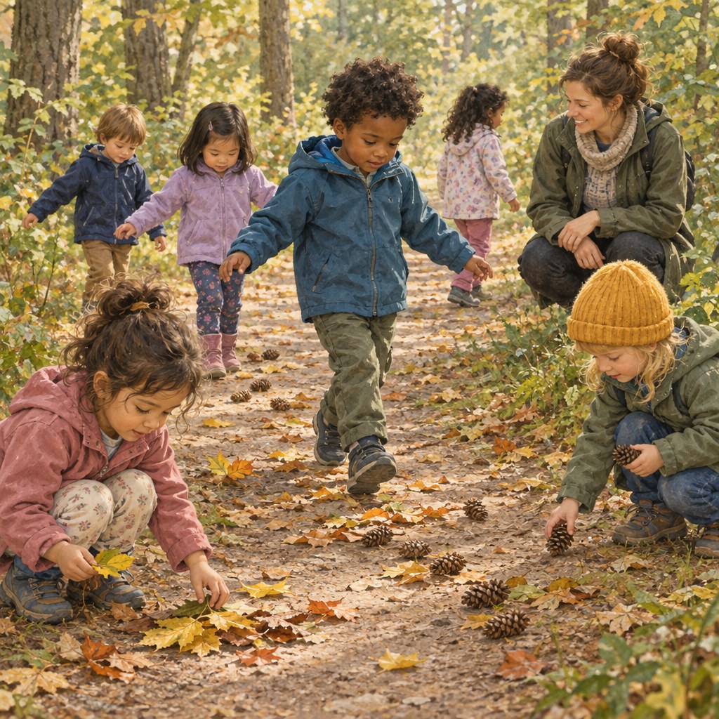Kindergartenkinder bewegen sich auf einem sicheren Waldweg zwischen Bäumen