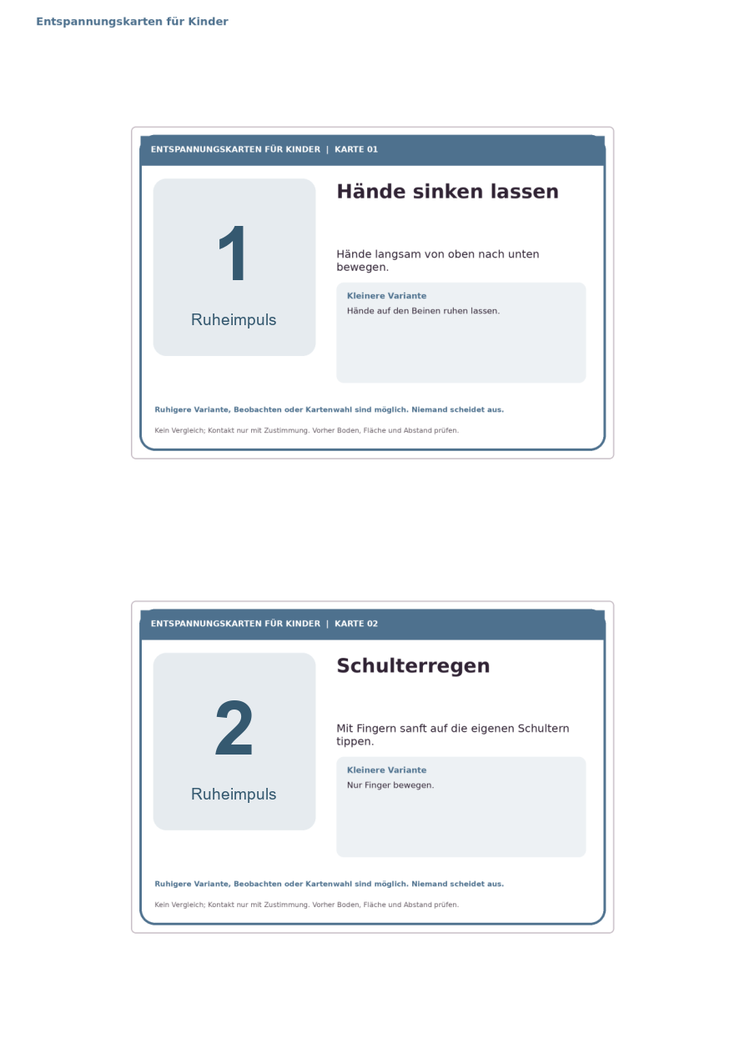 Vorschau der nummerierten Textkarten 1 und 2: Hände sinken lassen und Schulterregen
