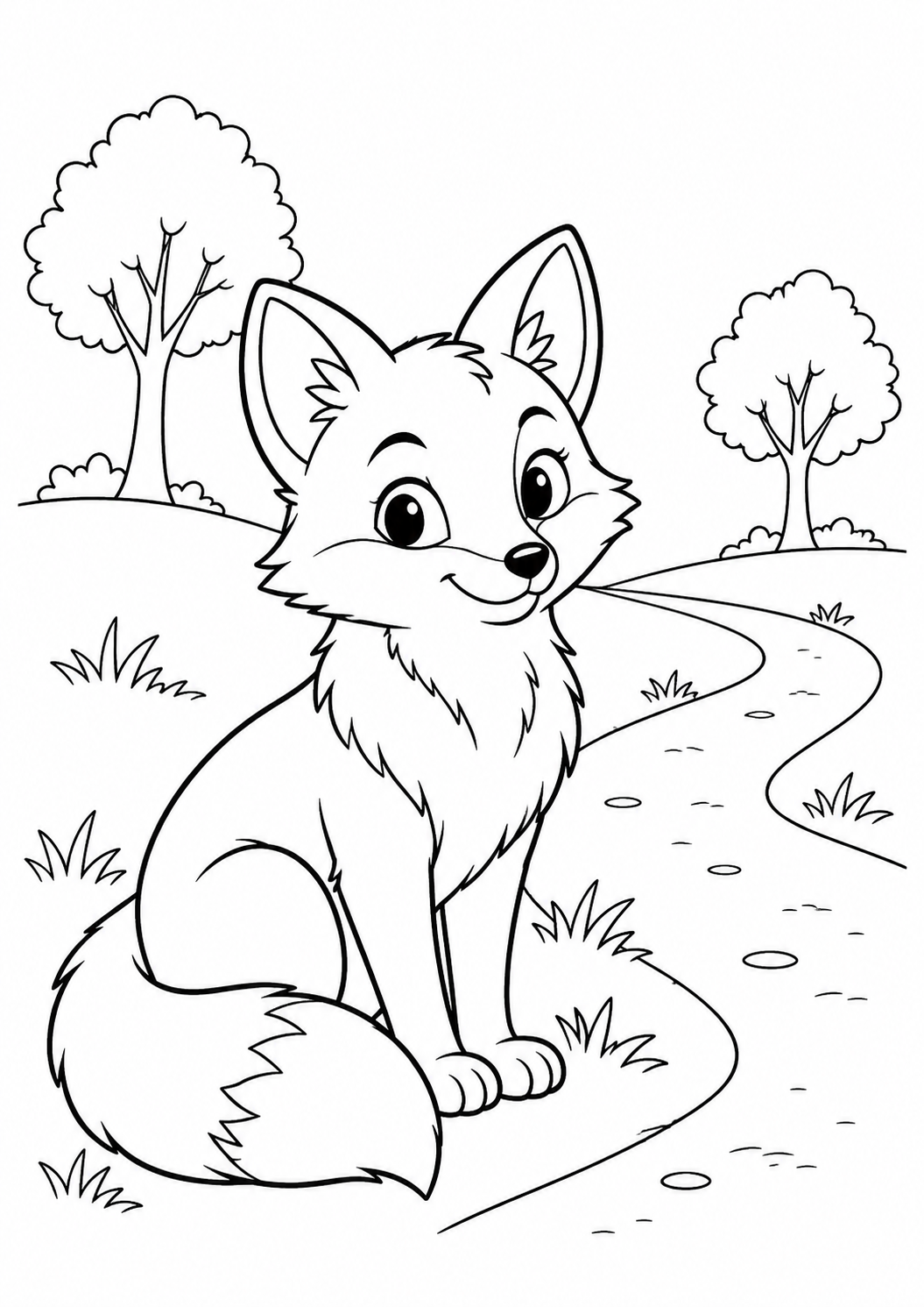 Sitzender Fuchs mit buschigem Schwanz an einem Waldweg