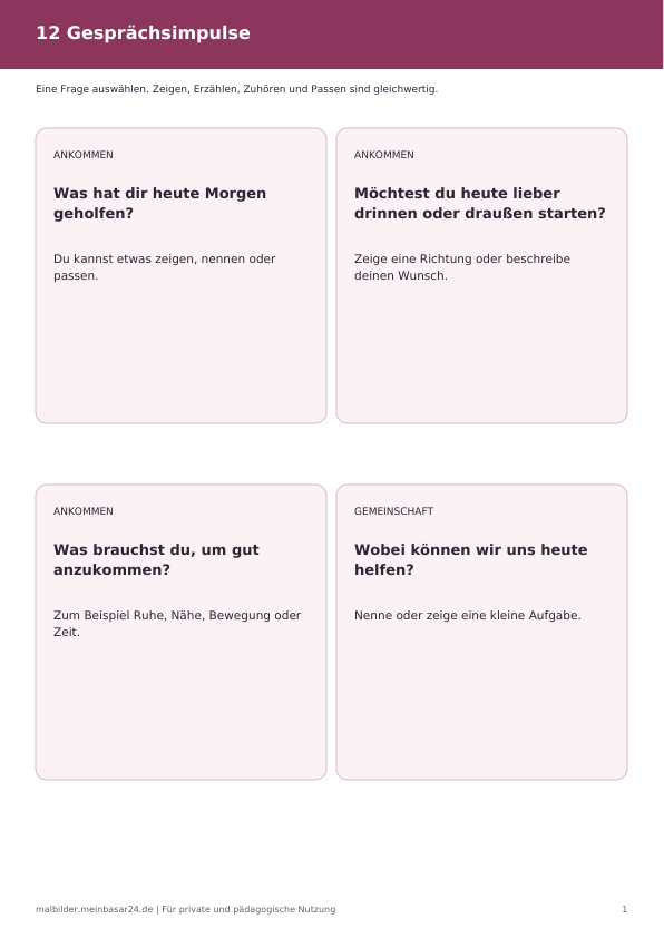 Erste Druckseite mit vier Gesprächskarten zu Ankommen und Gemeinschaft