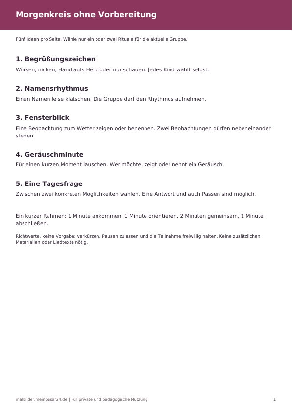 Erste Seite der Ritualideen mit Begrüßungszeichen, Namensrhythmus, Fensterblick, Geräuschminute und Tagesfrage